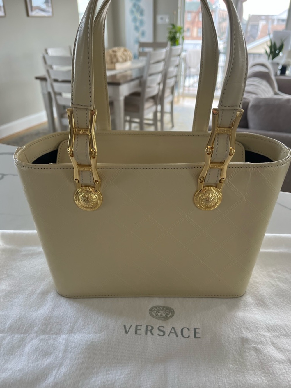 Vintage Gianni Versace Cream Embossed Leather Sunburst Medusa Top Handle Tote